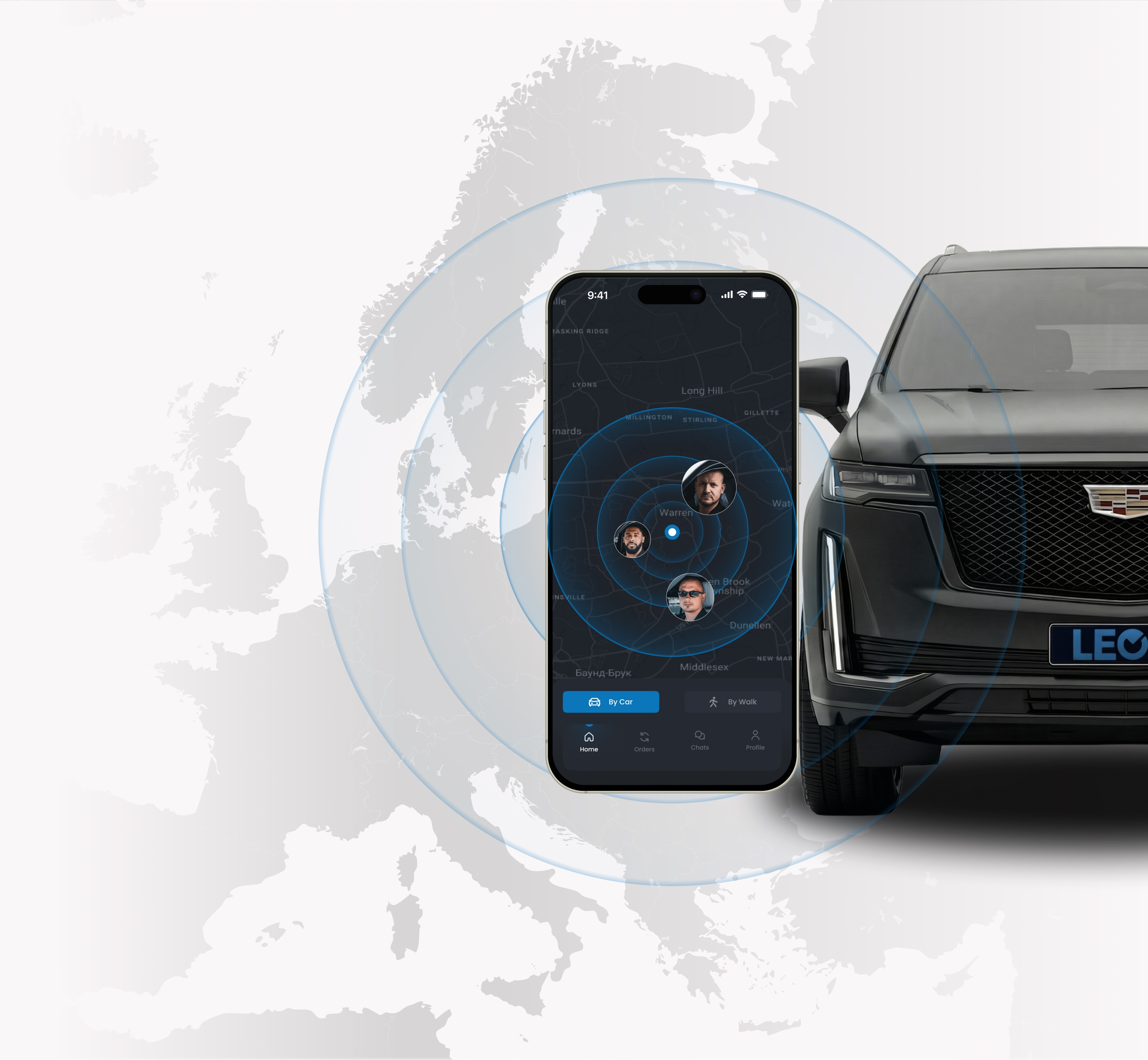 LEON mobile application over a map of Europe, beside a LEON vehicle